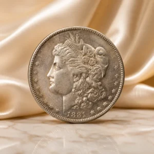 1881 Morgan Silver Dollar inspired silver coin image displayed in a luxury collector setting