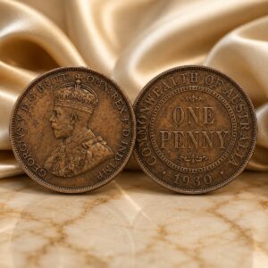 Australian penny inspired bronze coin displayed in a luxury collector setting