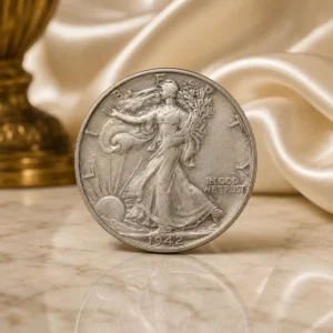 1942 Walking Liberty Half Dollar silver coin displayed on polished marble with soft ivory fabric