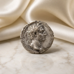 Ancient Rome silver denarius coin with emperor portrait displayed in a luxury collector setting