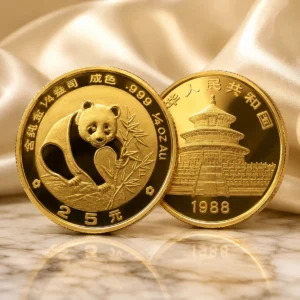 China Panda 25 Yuan 1988P gold coin displayed with panda and Temple of Heaven designs in a luxury collector setting